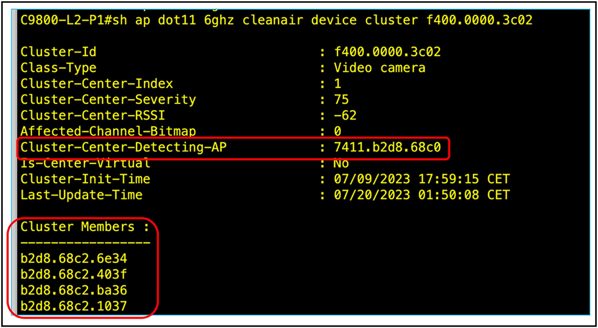 Command-line output of CleanAir Pro cluster ID contents