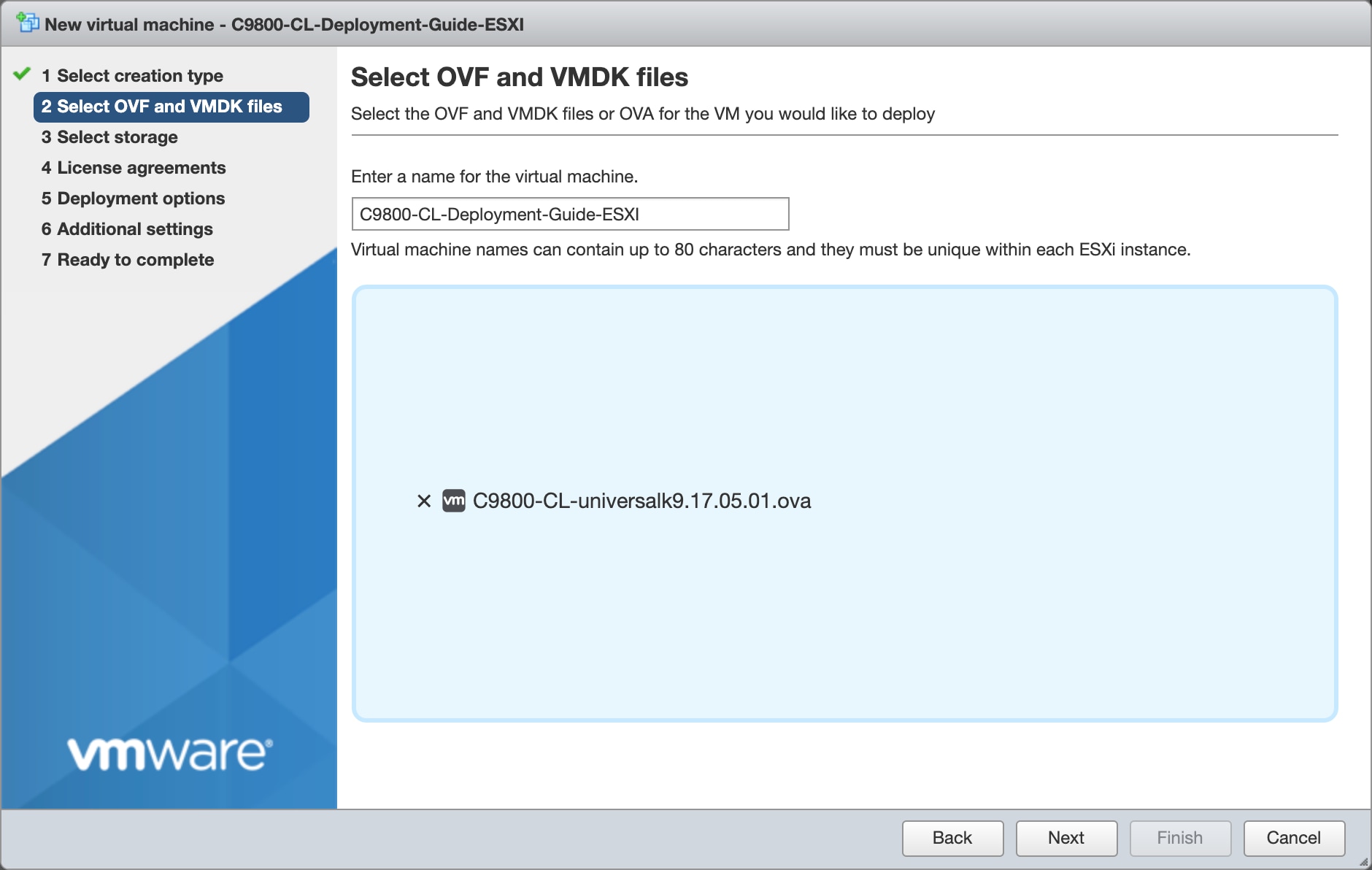 Enter a name for the 9800-CL VM and select the OVA file that will be deployed