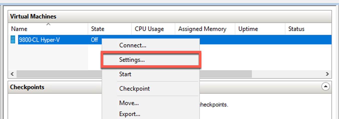 Navigate to the settings page for the VM. Right-click the 9800-CL VM and select settings