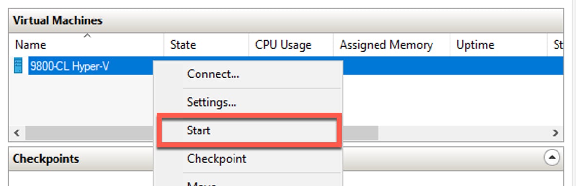 Start the 9800-CL VM by right clicking the VM and selecting Start