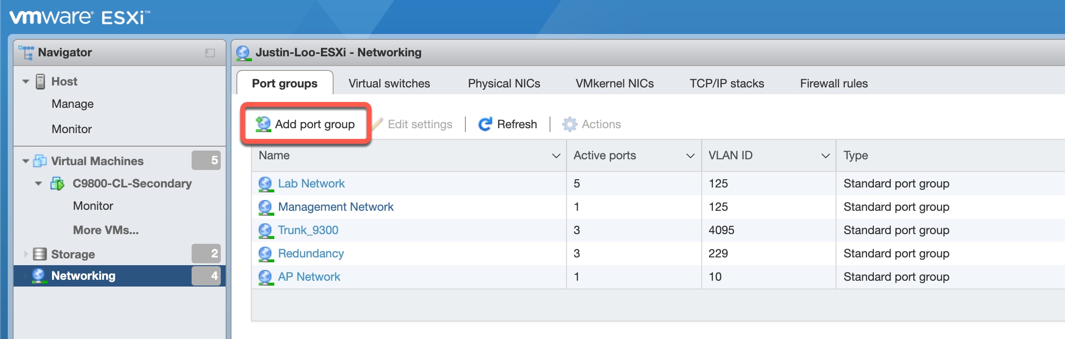 Networking > Port groups and click Add port group