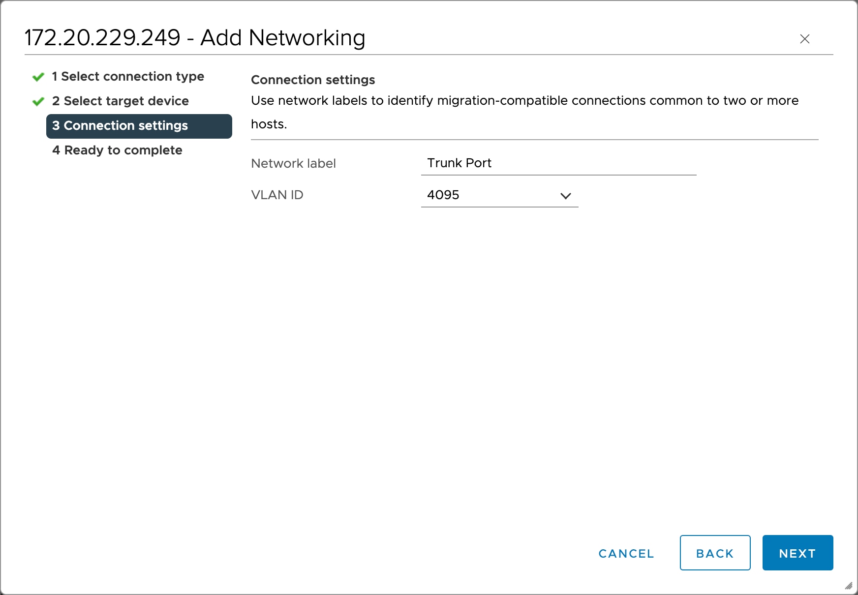 Set the Network label and VLAN ID for the port group. Click Next