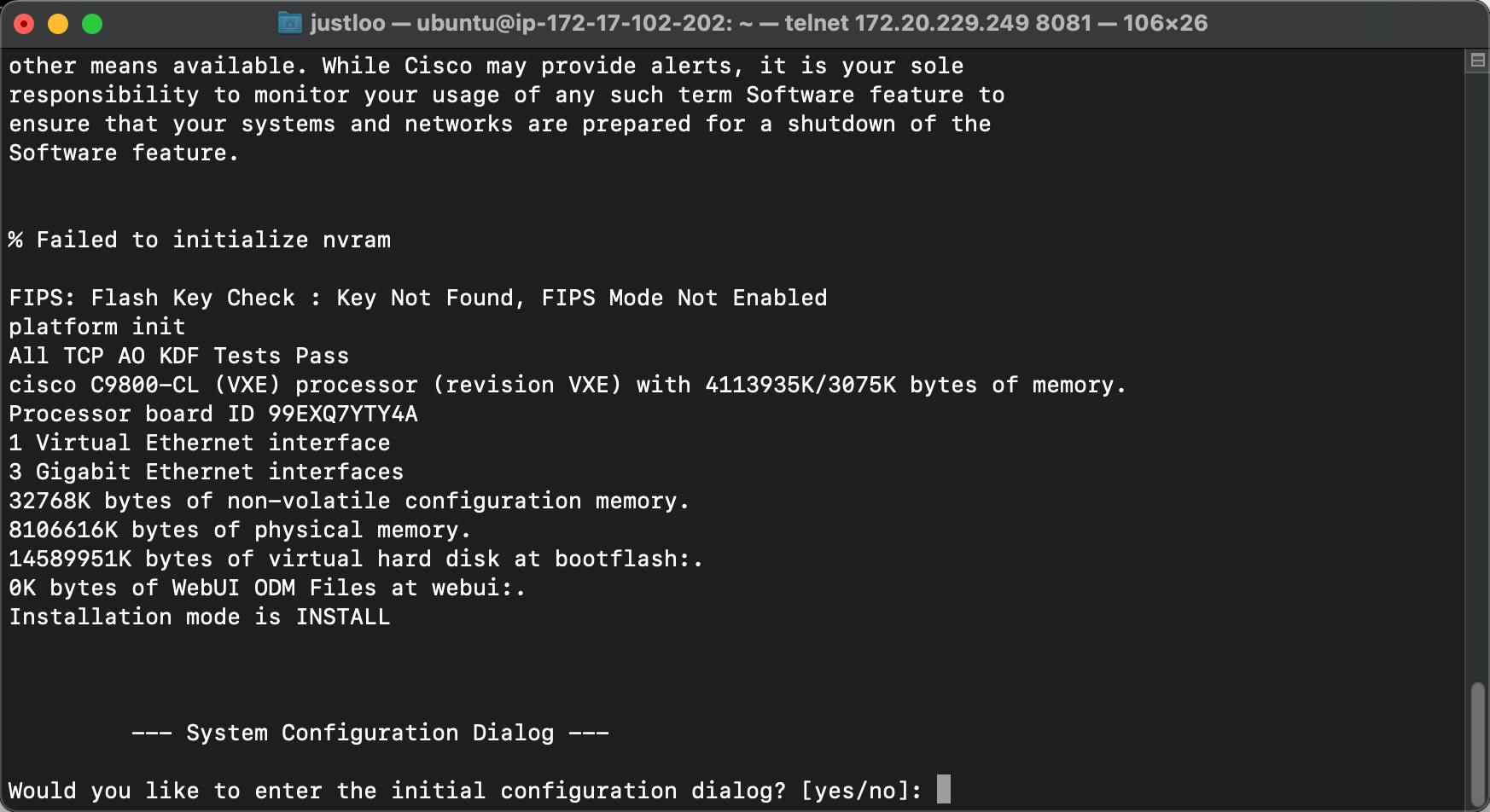 9800-CL by using Telnet to the ESXi and assigned port