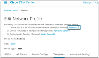 Wireless settings link in the network profile