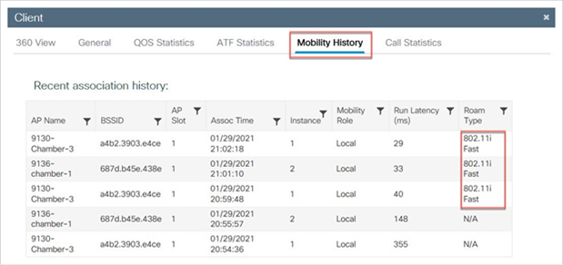 Client roam history with OKC