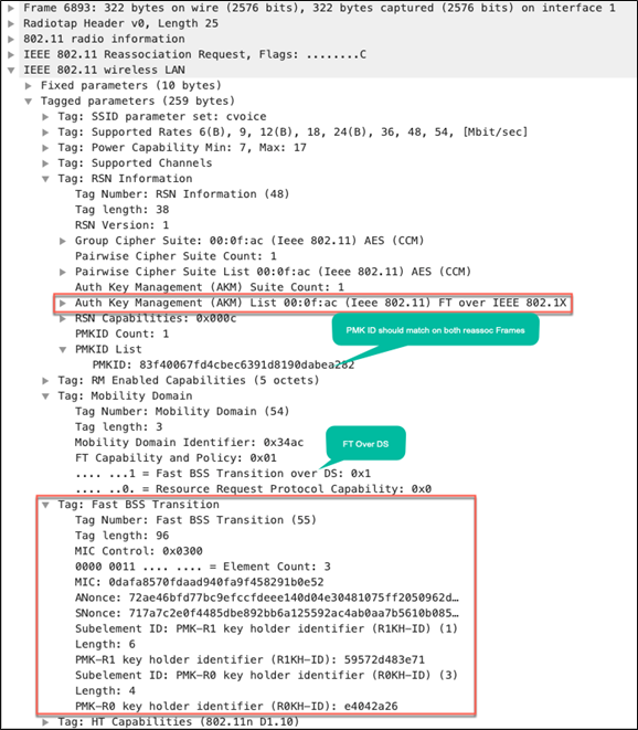 Packet capture – FT over the DS: Reassociation request from client