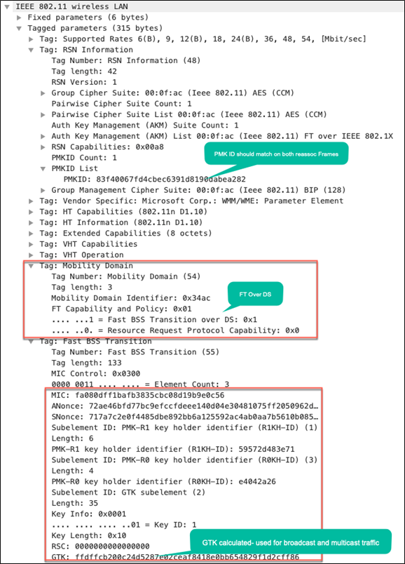 Packet capture – FT over the DS: Reassociation response from AP