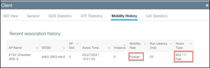 Catalyst 9800 Series inter-controller roam – client mobility history on the foreign controller
