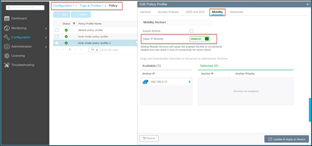 Static IP mobility configuration