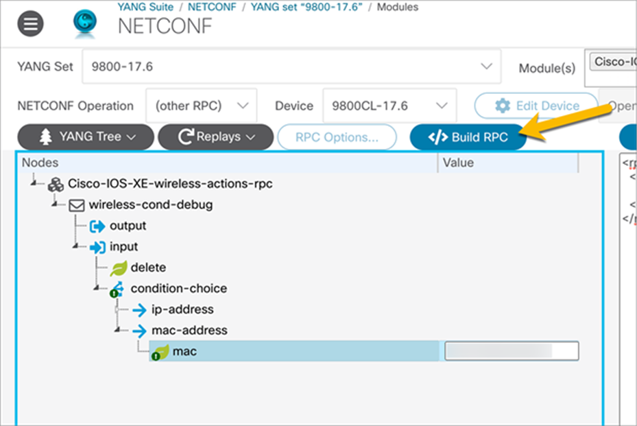 How to build the NETCONF operation using the MAC address of an AP for the debugging