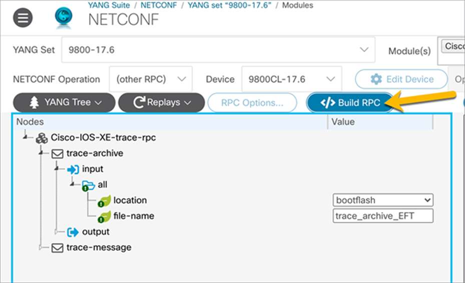 How to build the NETCONF operation to generate the RPC in XML form for trace archive