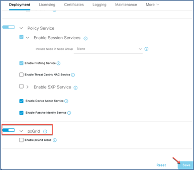 Under General Settings, make sure the pxGrid checkbox is selected and click Save.