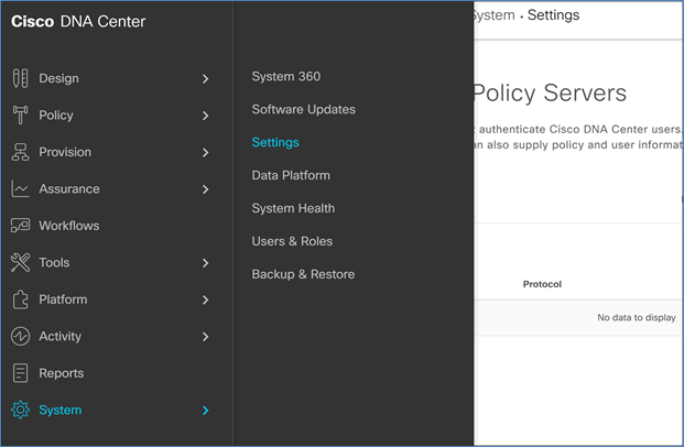 Now log in to Cisco DNA Center and navigate to System > Settings
