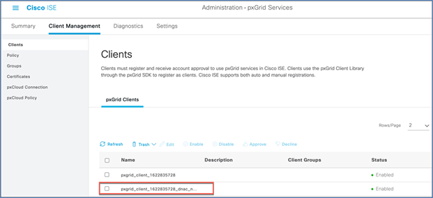 In ISE navigate to Administration > pxGrid Services > Client Management