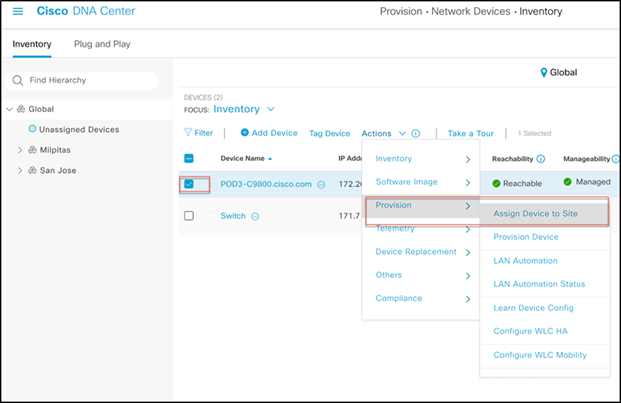 Actions select Provision > Assign Device to Site