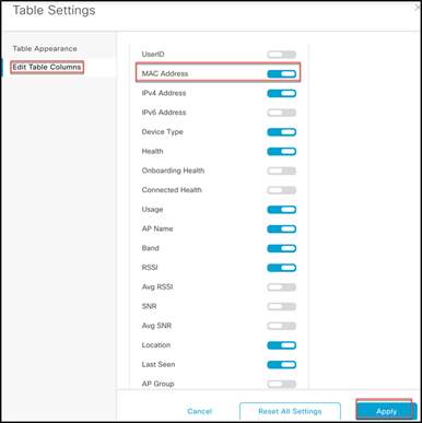 Table Columns, enable MAC Address, and click Apply