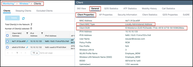 Monitoring > Wireless > Clients