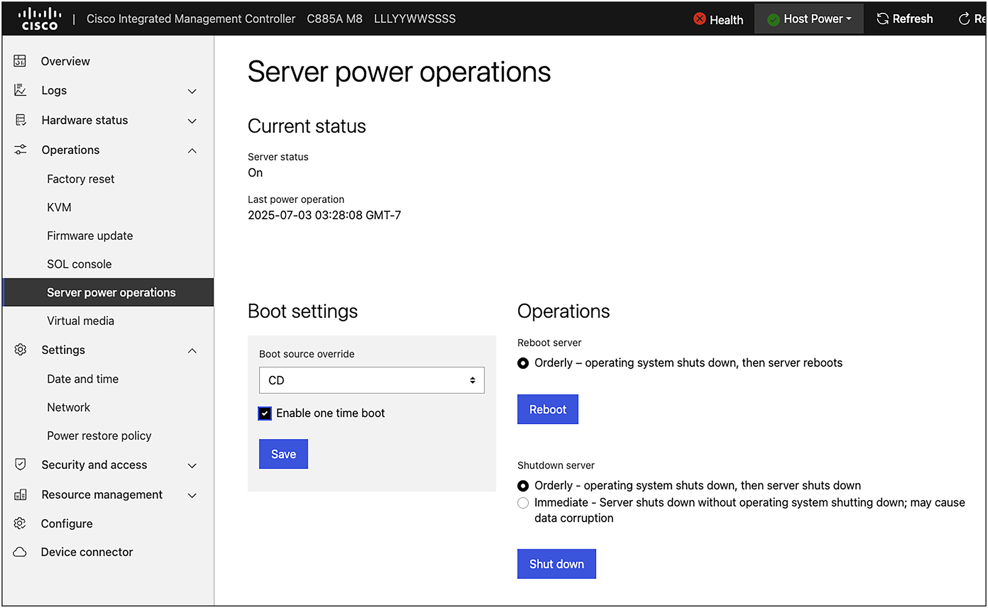 Server power operations, one time boot