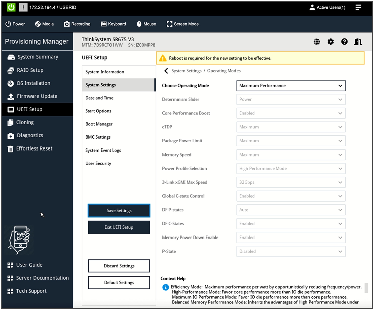 UEFI setup operating mode