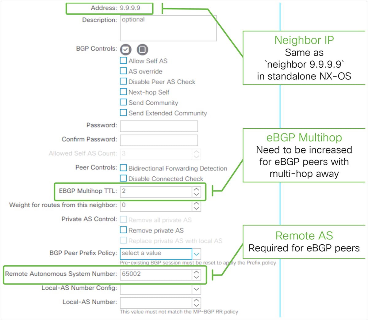 BGP Peer Connectivity Profile for eBGP peering in GUI (APIC Release 3.2)