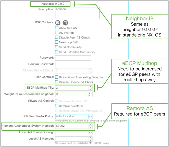 BGP Peer Connectivity Profile for eBGP peering in GUI (APIC Release 3.2)