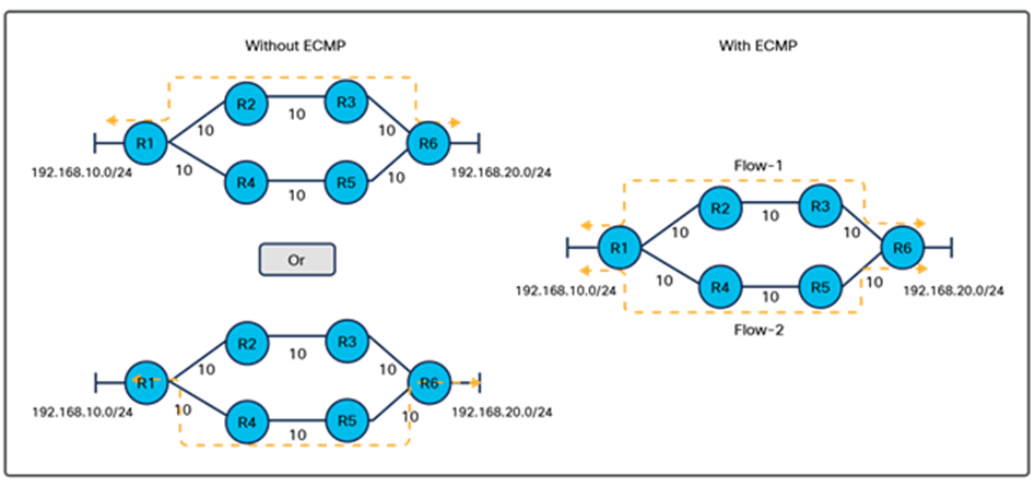 Routing paths in ECMP and in non-ECMP networks