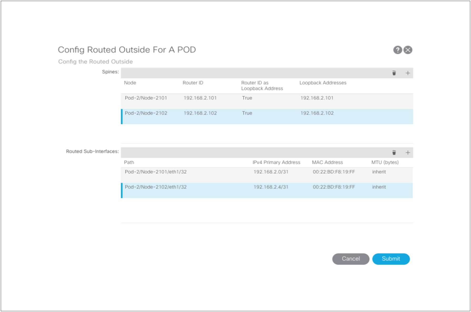 Creating the routed-outside interface for Pod2