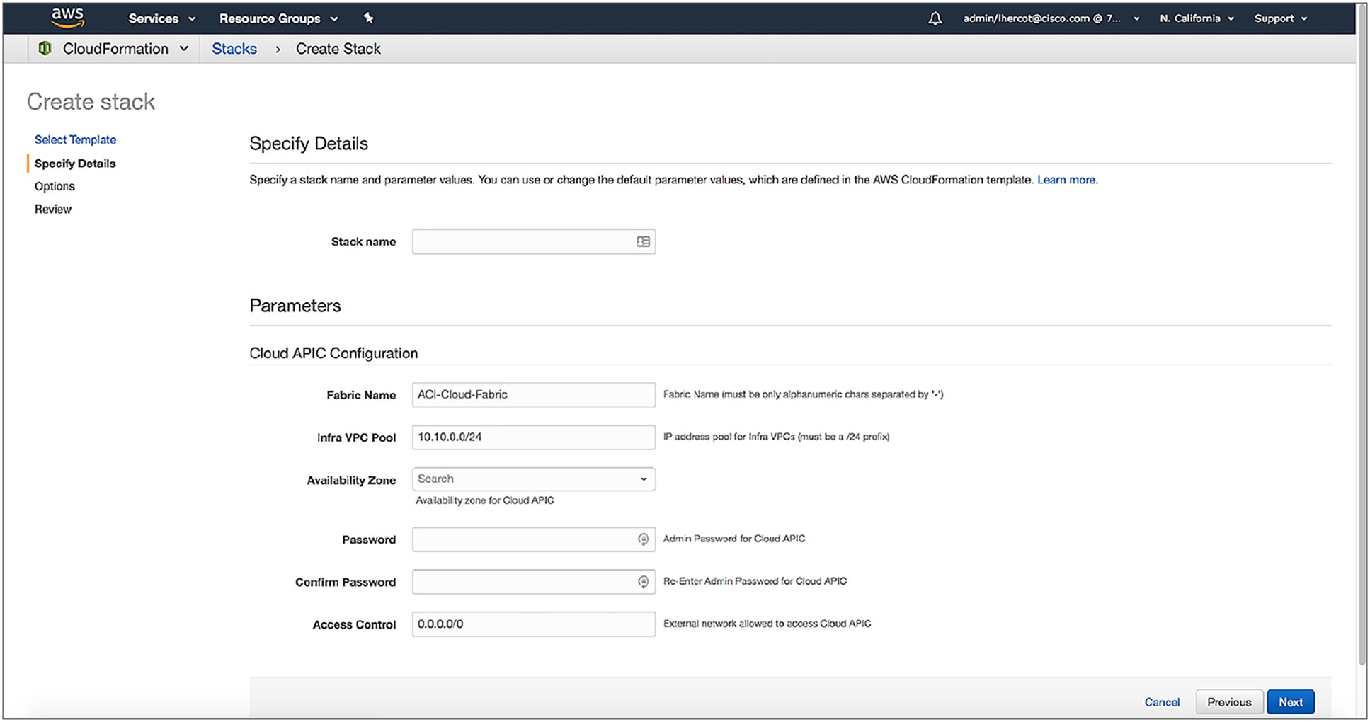 Create CloudFormation stack to launch Cisco Cloud APIC on AWS