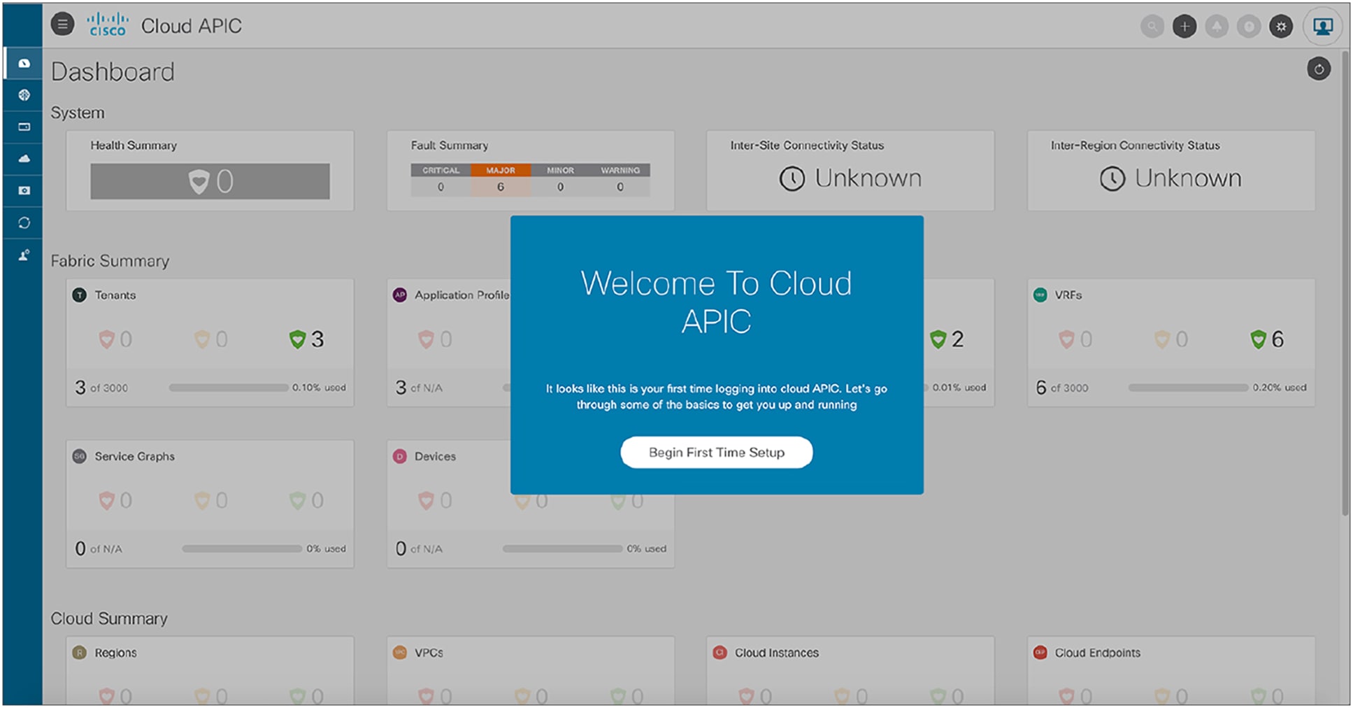 First time setup wizard of Cisco Cloud APIC