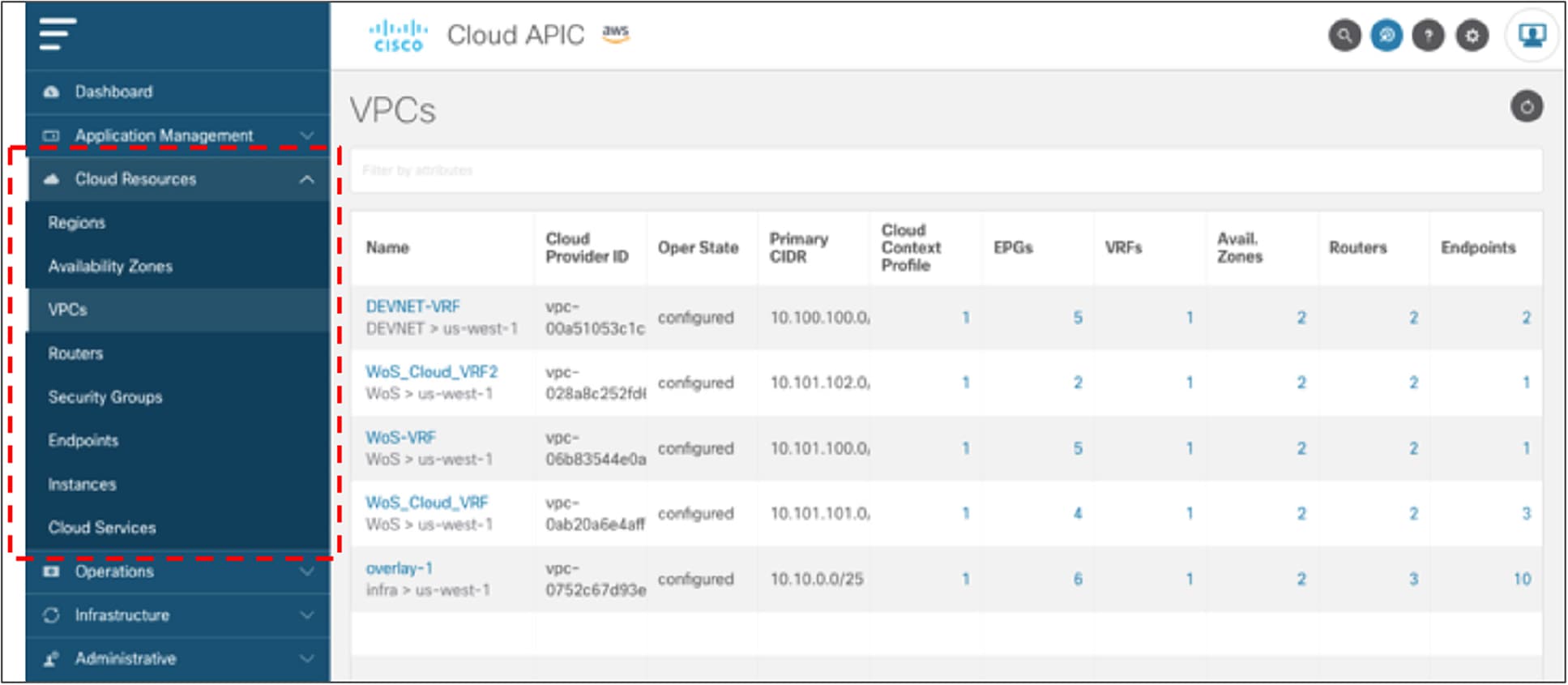 Native cloud resources view on the Cloud APIC UI