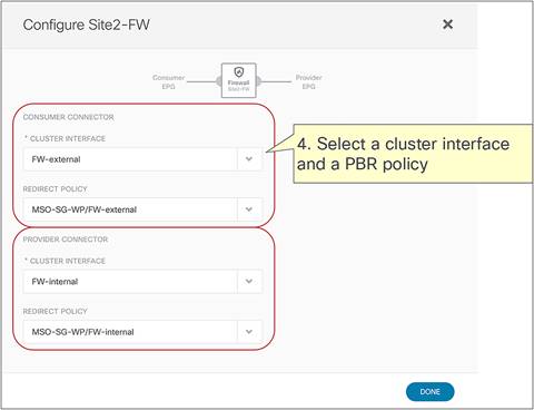 Select the cluster interface and the PBR policy for north-south (two-arm)