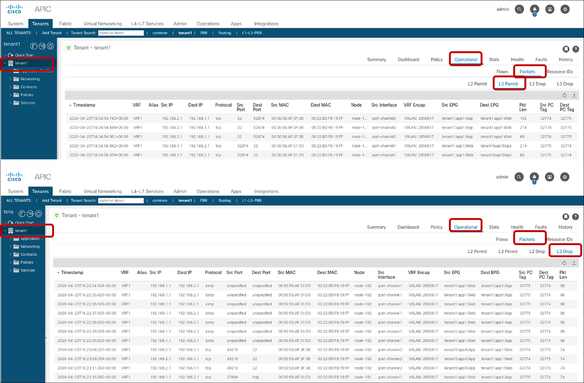 Packet-to-packet logging information on the GUI (Tenant > Operational > Packets)