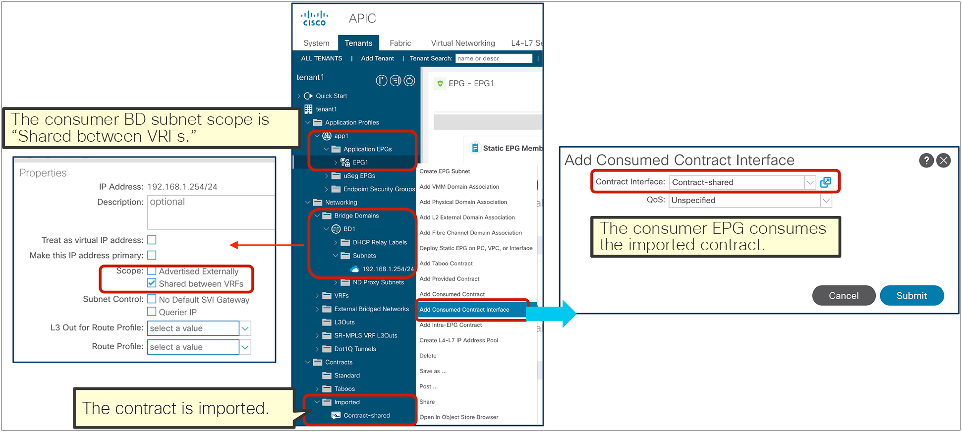 Shared service (inter-tenant and inter-VRF contract)