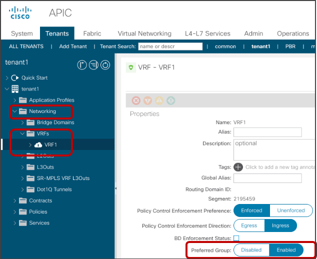 Enable preferred group at the VRF