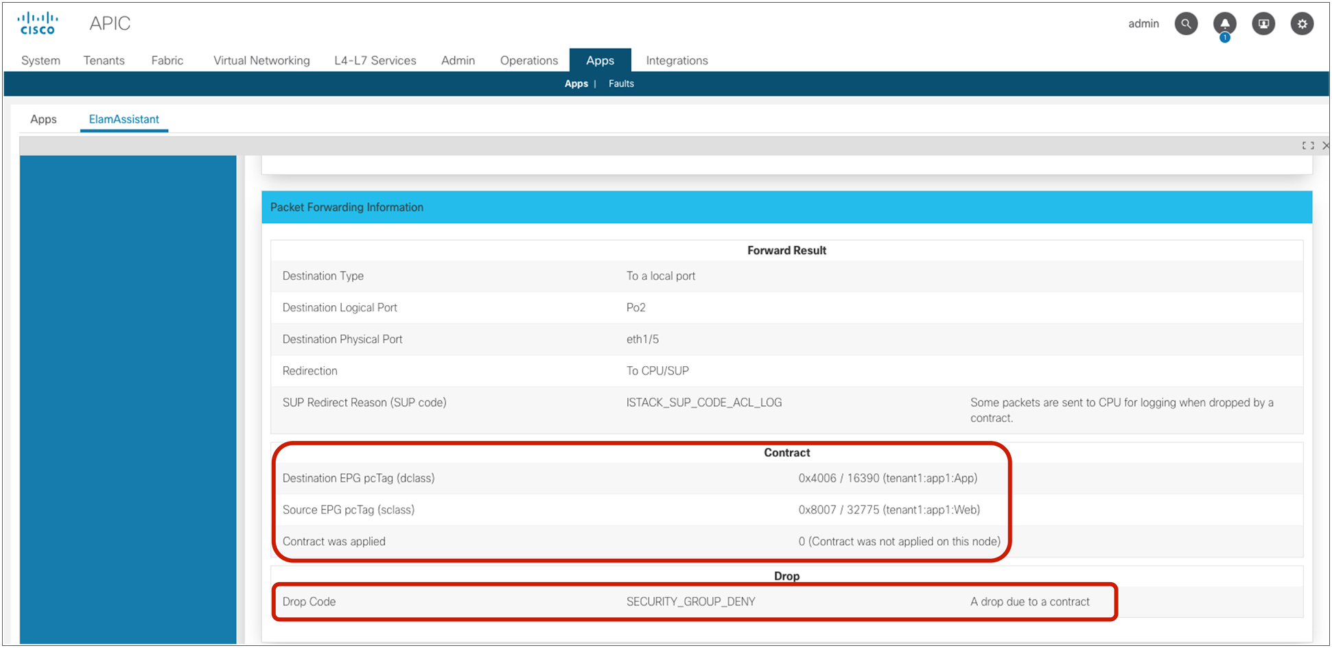 ELAM Assistant example (check EPG classification information and drop reason)