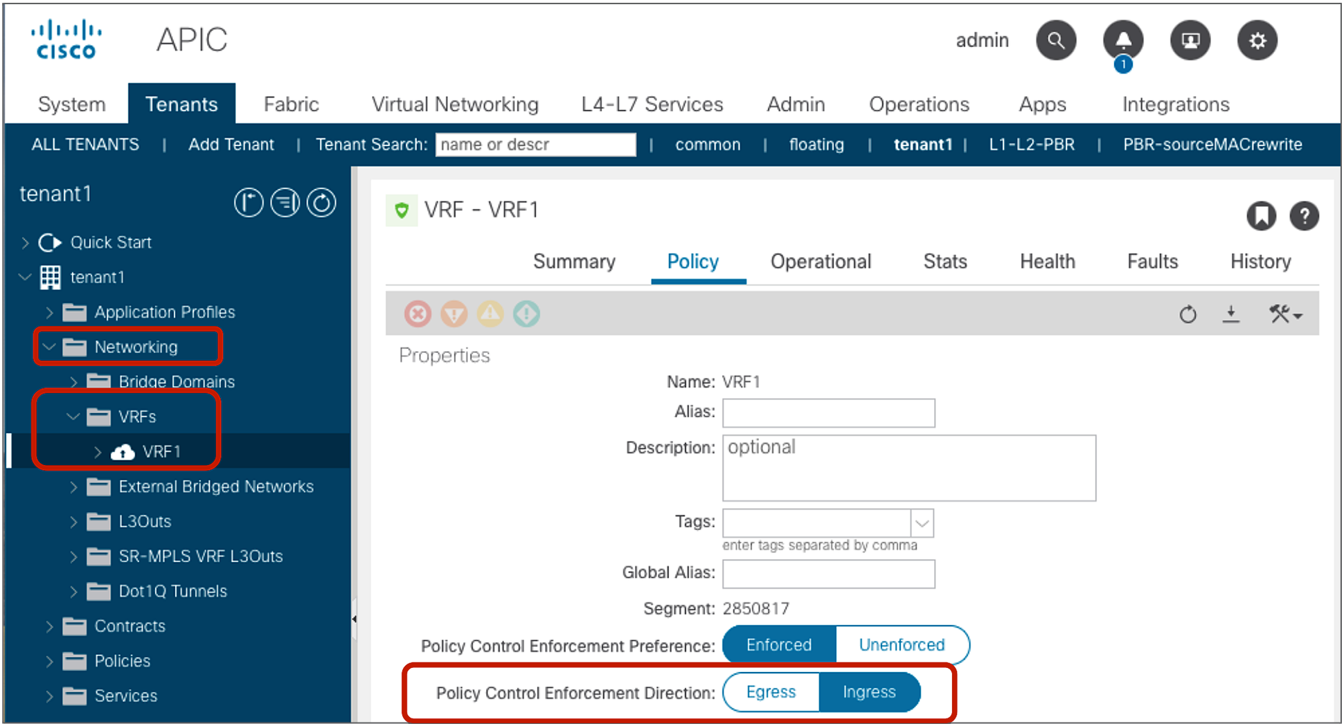 VRF Policy Control Enforcement Direction