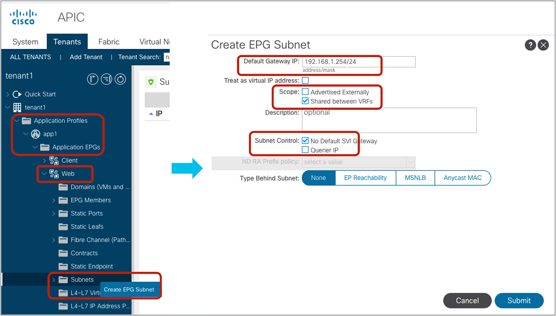 Provider EPG subnet (Shared between VRFs)