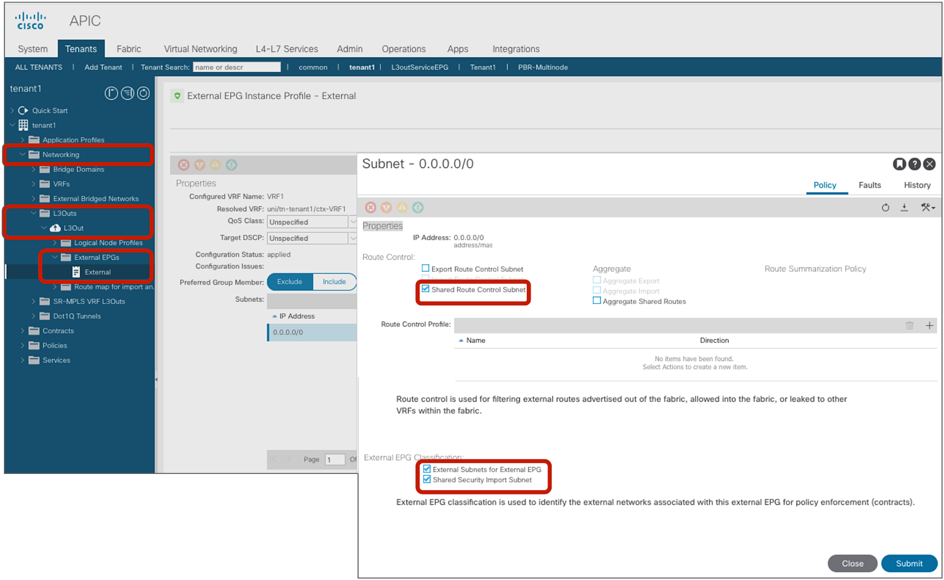 L3Out EPG subnet scope (Shared Route Control Subnet and Shared Security Import Subnet)