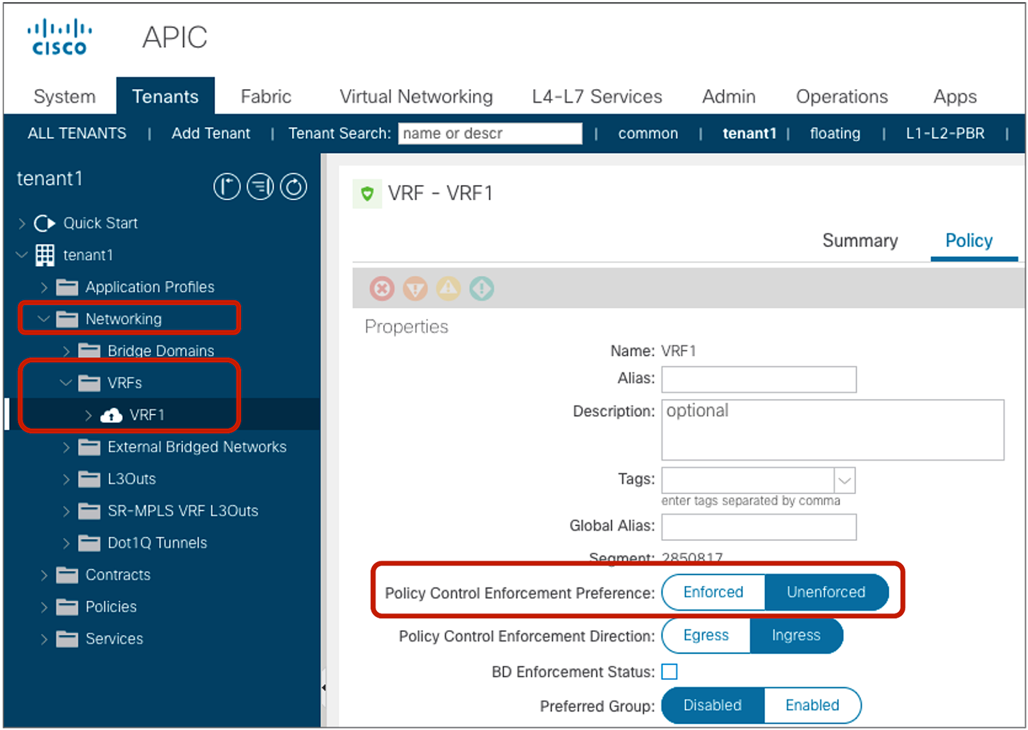 VRF Policy Control Enforcement Preference