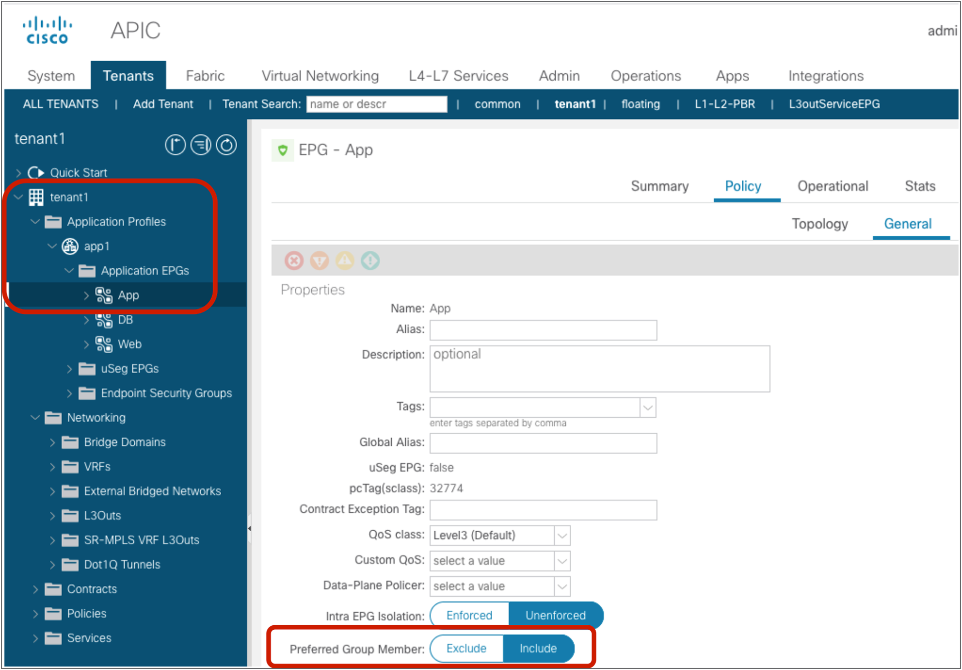 Preferred group configuration at EPG