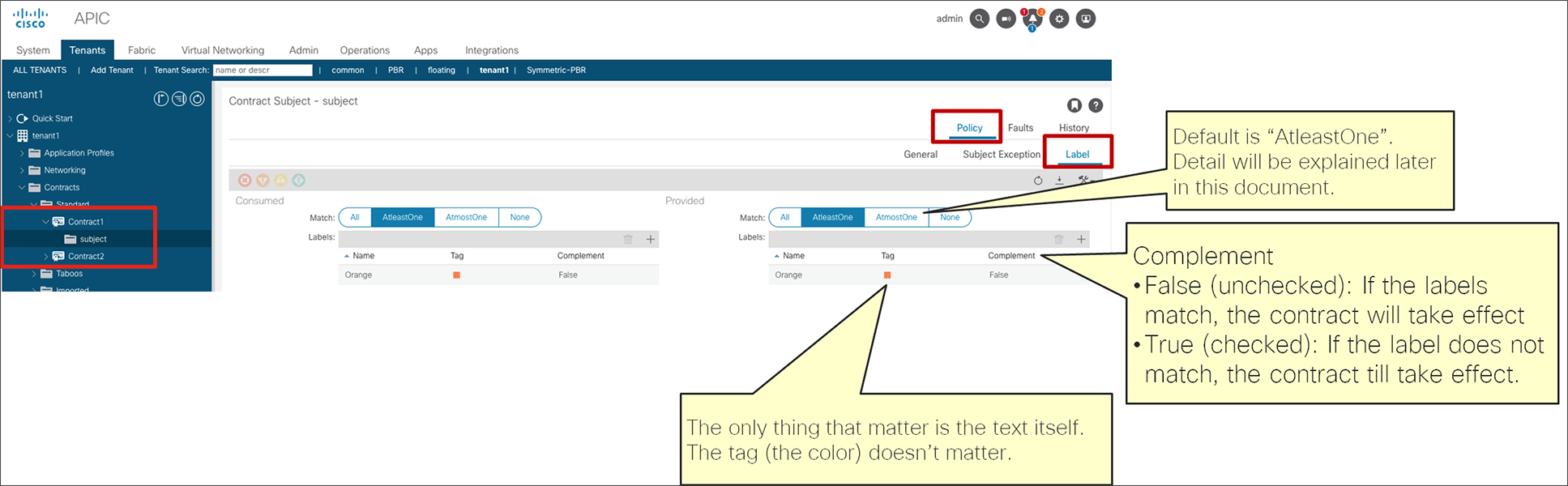 Label configuration on a contract subject