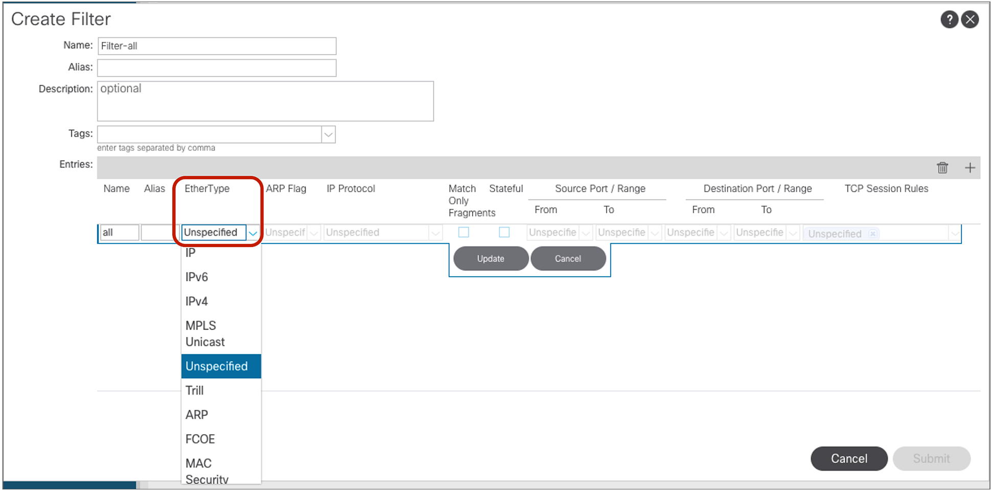 Filter configuration example: match all