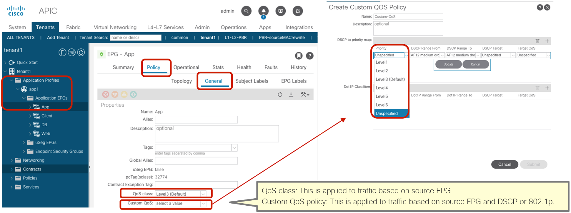 QoS configuration at EPG (Custom QoS policy and QoS class at source EPG)