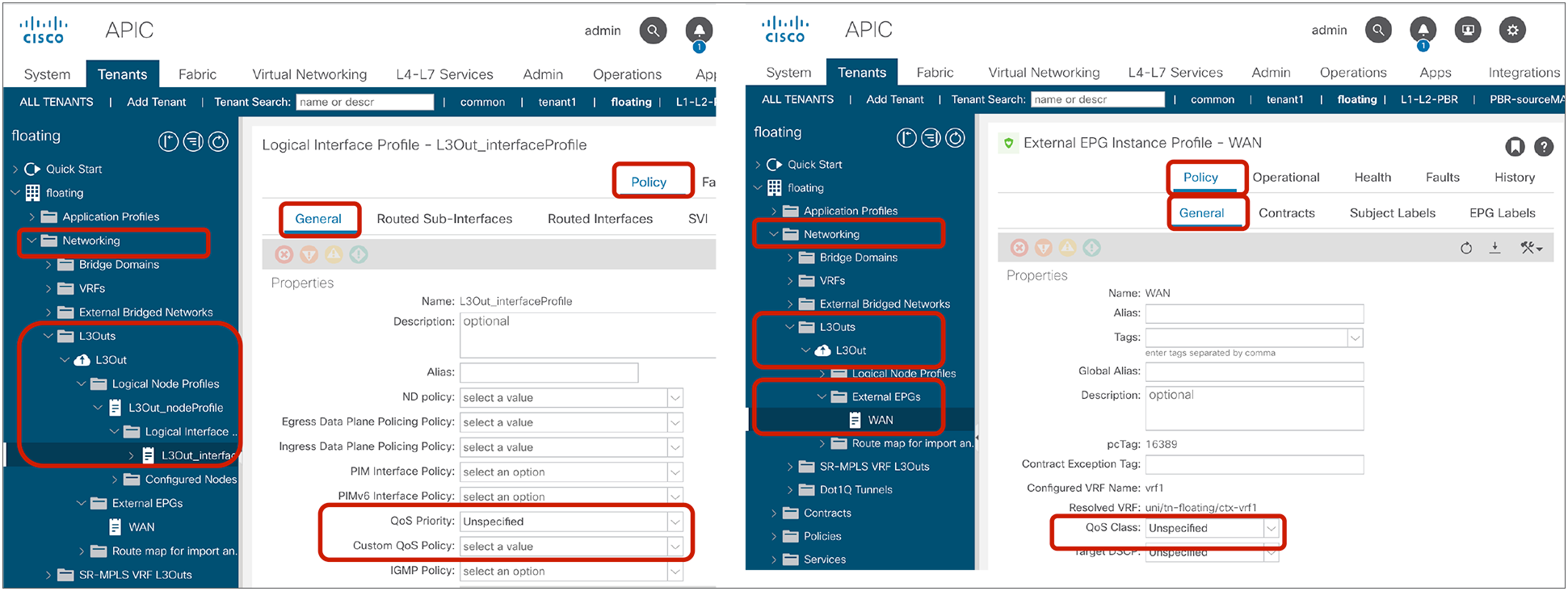 QoS configuration at L3Out (QoS Class at L3Out EPG, and QoS Class and Custom QoS at L3Out logical interface profile)