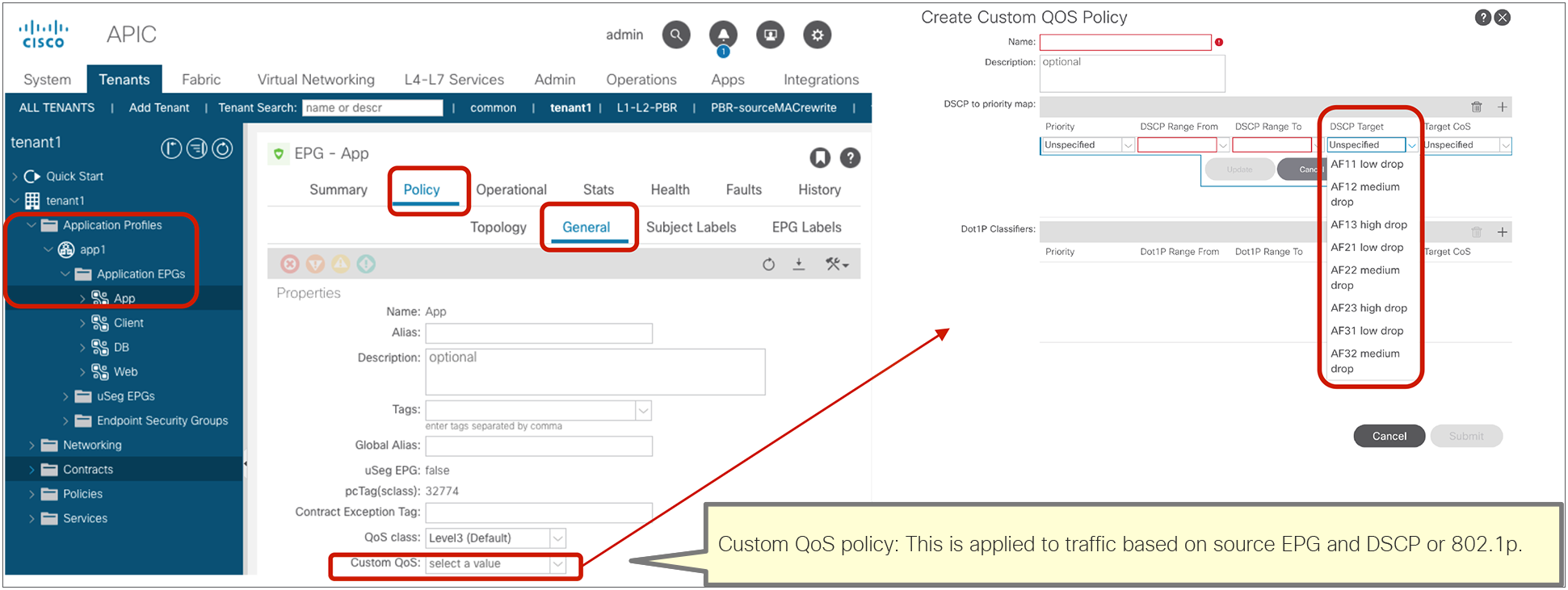 Custom QoS policy configuration at EPG