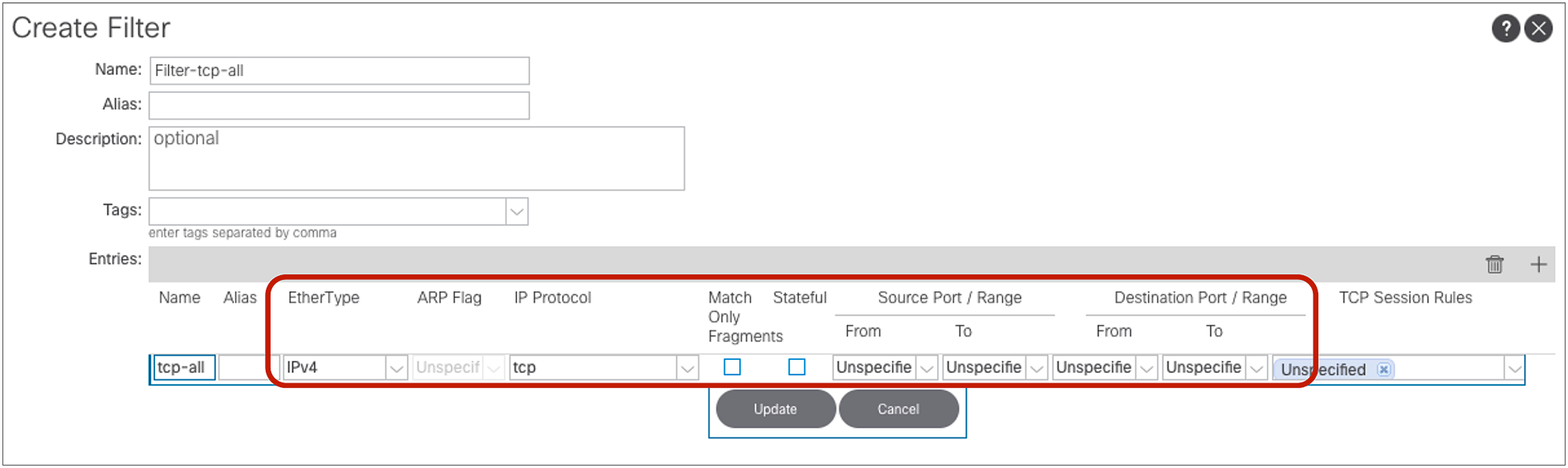 Filter configuration example: IPv4 TCP all