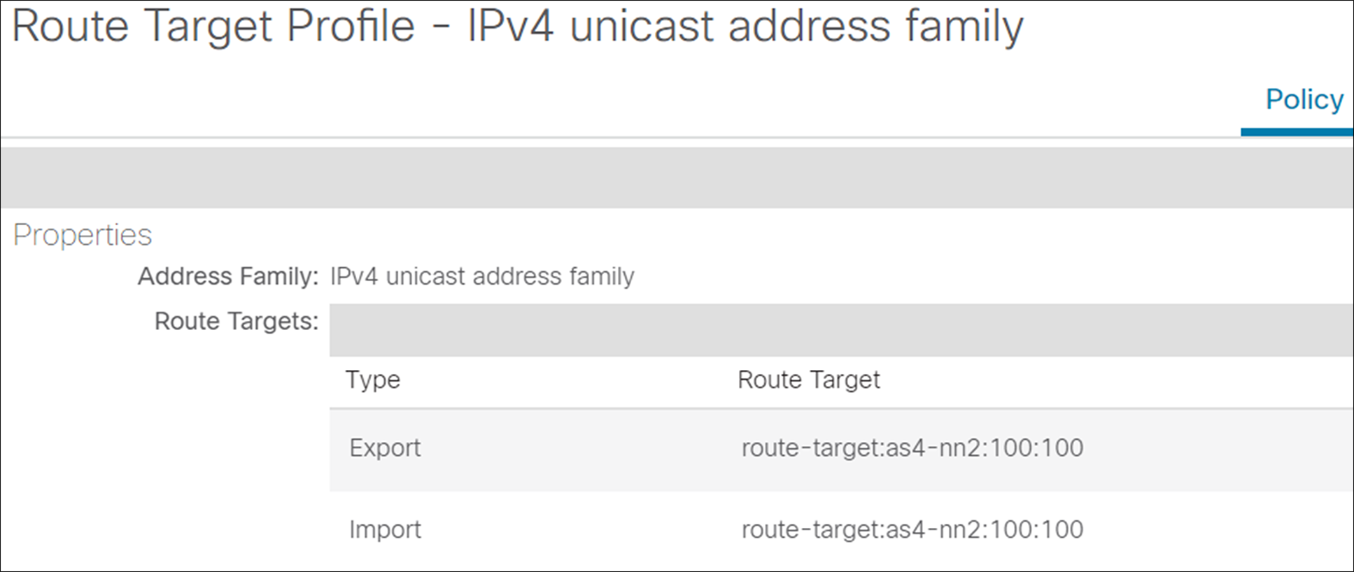 Snapshot of a route-target configuration in Cisco ACI
