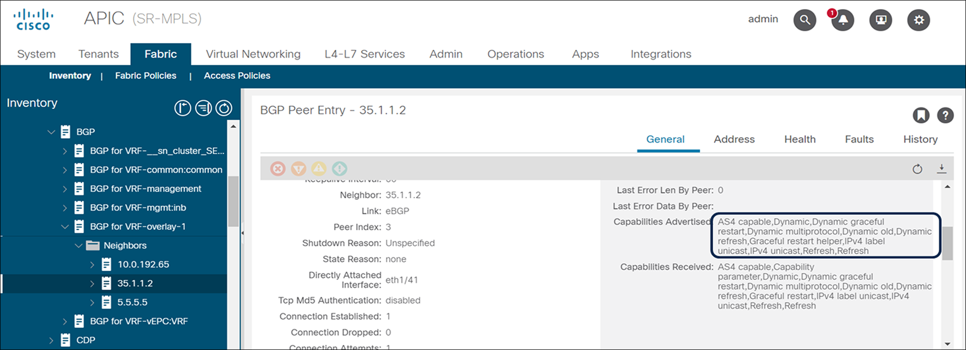 Snapshot of SR/MPLS packet stats on SR/MPLS enabled interfaces from APIC controller