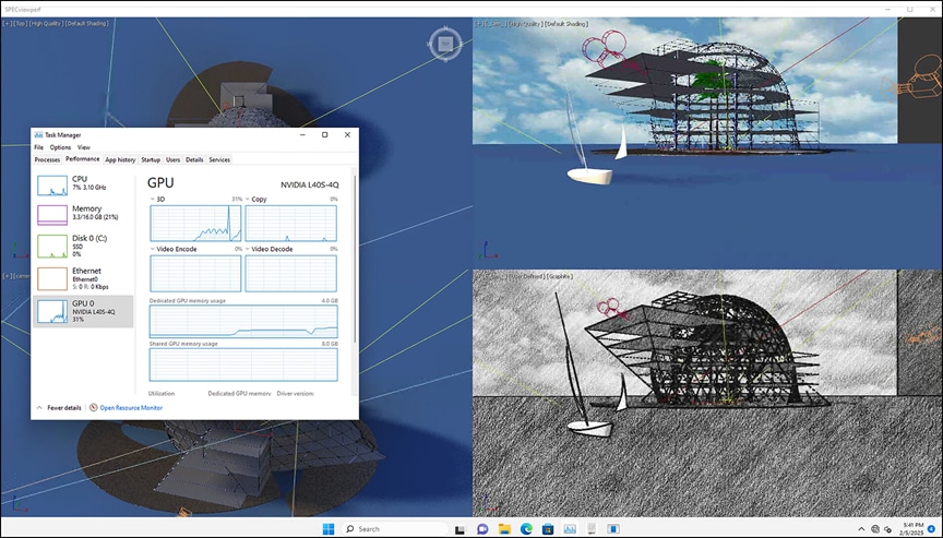 3dsmax viewset running on Windows 11virtual machine with 4vCPUs, 16 GB of memory and NVIDIA L40-4Q vGPU profile