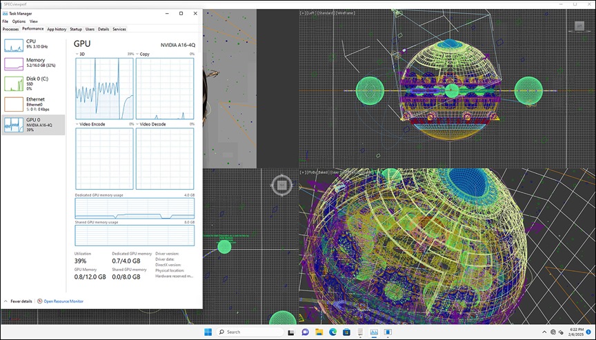 3dsmax viewset running on Windows 11virtual machine with 4vCPUs, 16 GB of memory and NVIDIA A16-4Q vGPU profile